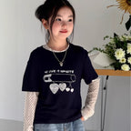 【120-160cm】疊穿針織兩件套上衣印花T