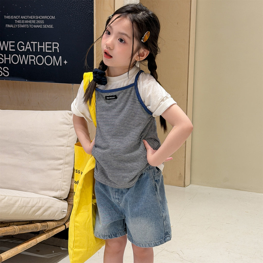 【80-130cm】韓版休閒鬆緊腰牛仔短褲