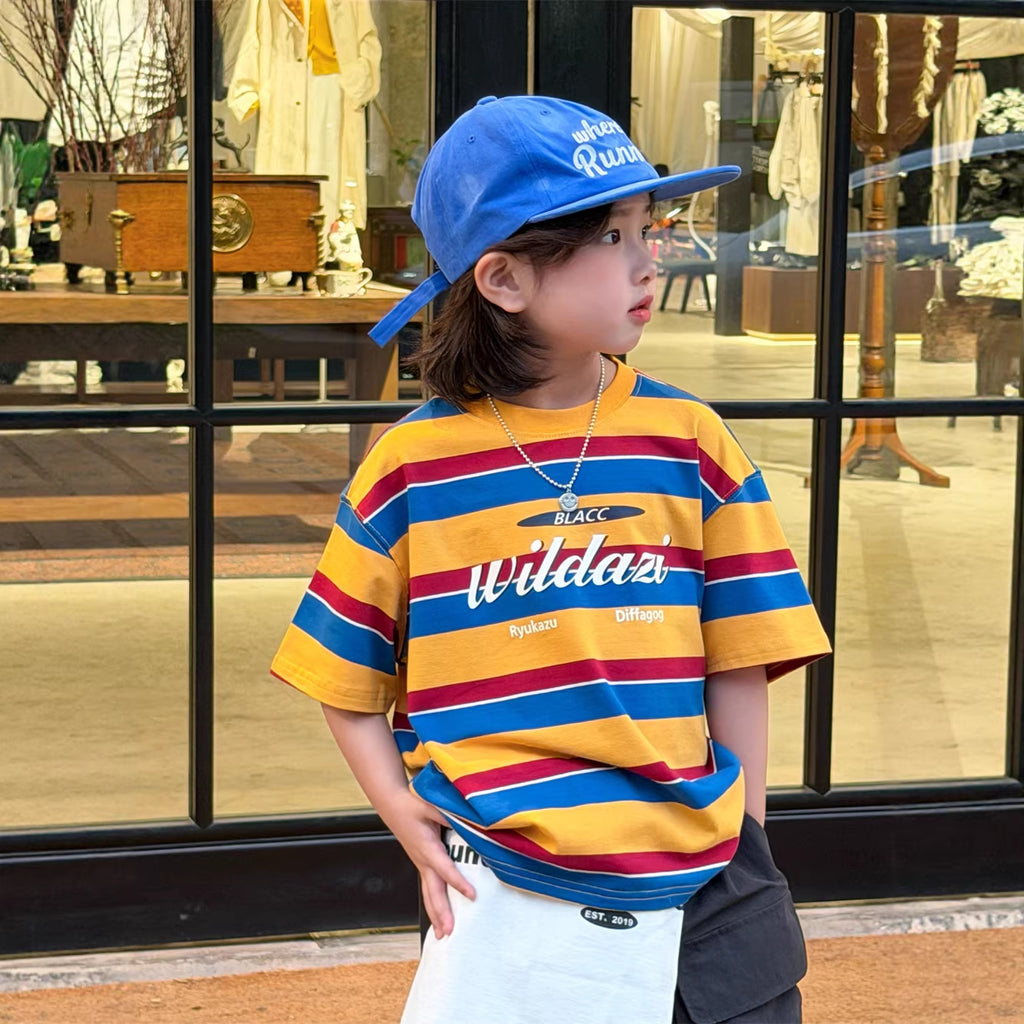 【90-150cm】美式休閒寬鬆條紋撞色短袖