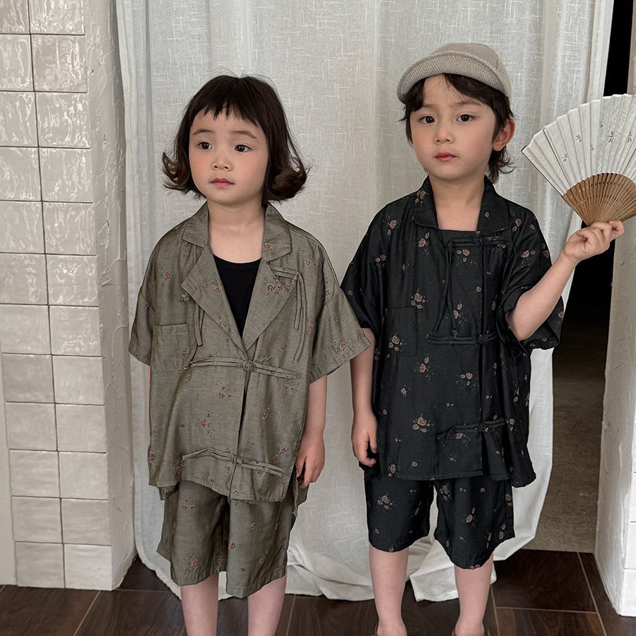 【80-140cm】天絲牛仔短袖襯衫套裝