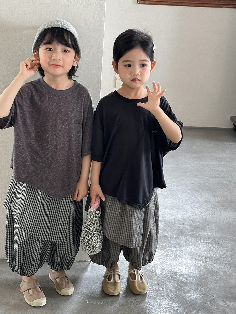 【80-140cm】棉麻不規則字母半袖T