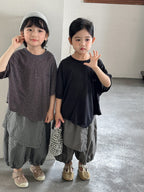 【80-140cm】棉麻不規則字母半袖T