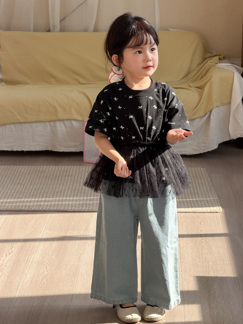 【90-140cm】拼接網紗蝴蝶結T