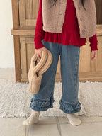 【現貨 110cm】【加絨】花邊褲腳直筒褲