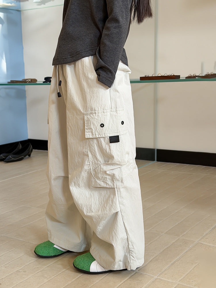 【100-170cm】抽繩寬鬆大口袋工裝褲