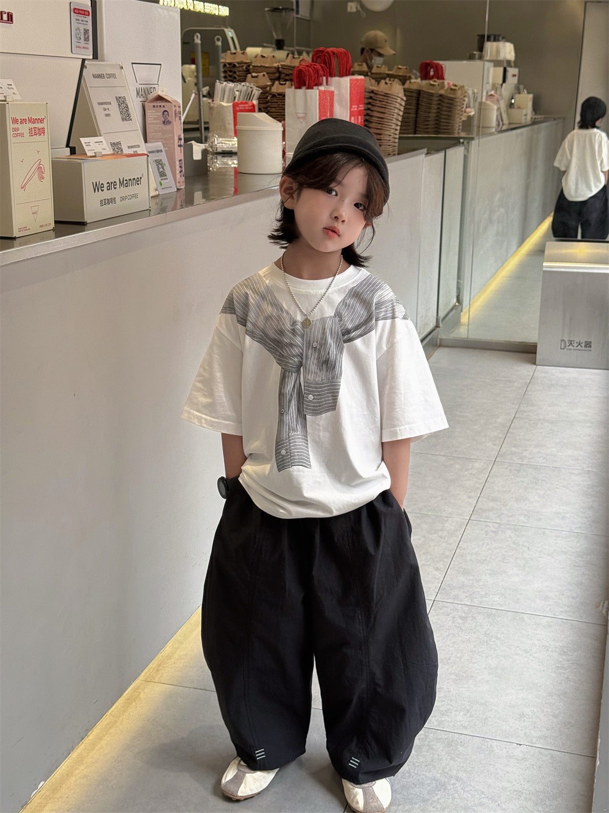 【100-160cm】學院風披肩印花寬鬆T