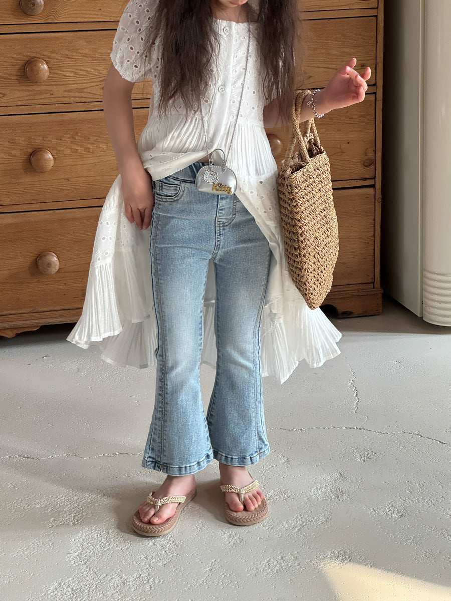 【100-150cm】彈性微喇褲九分牛仔褲