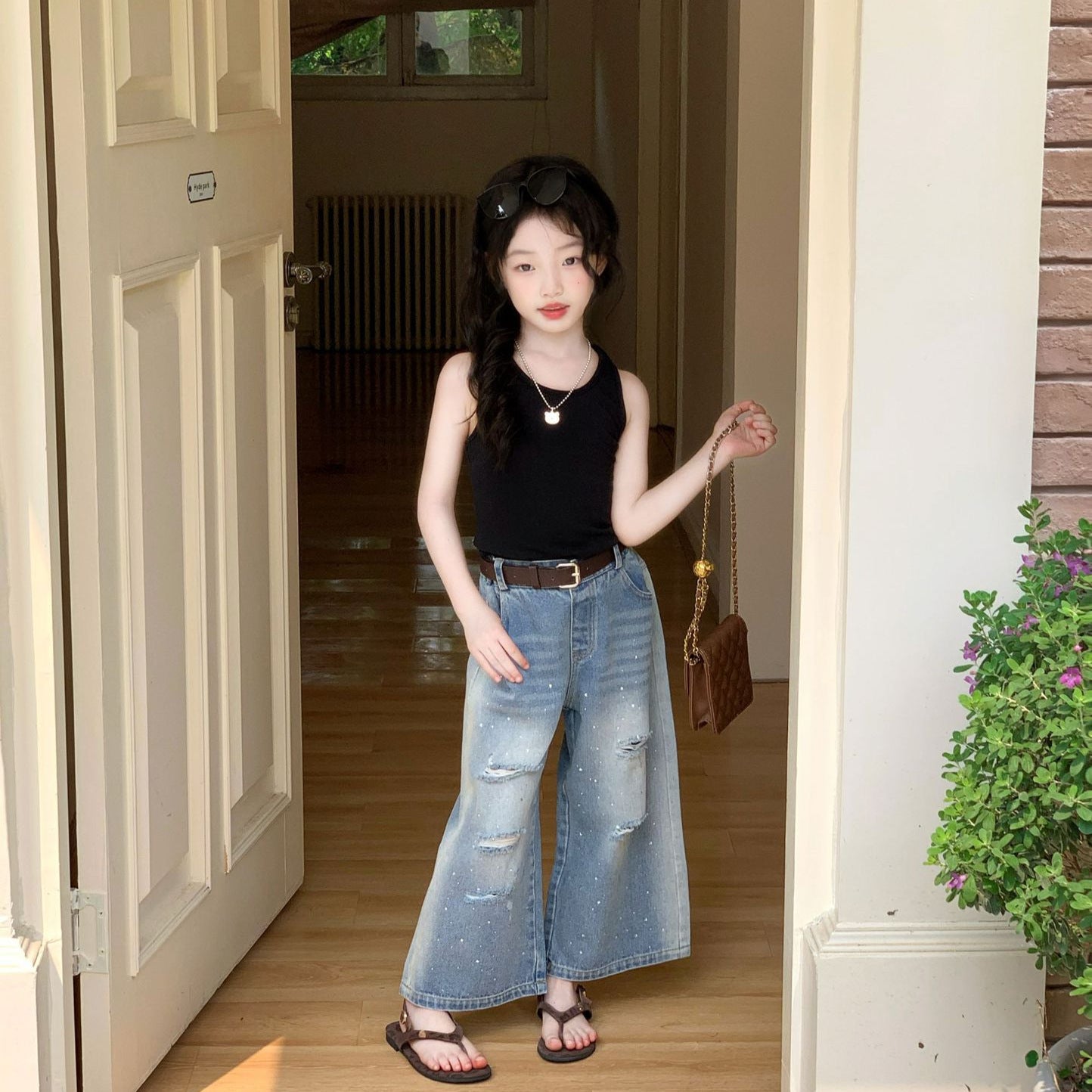 【90-150cm】美式復古破洞燙鑽牛仔褲