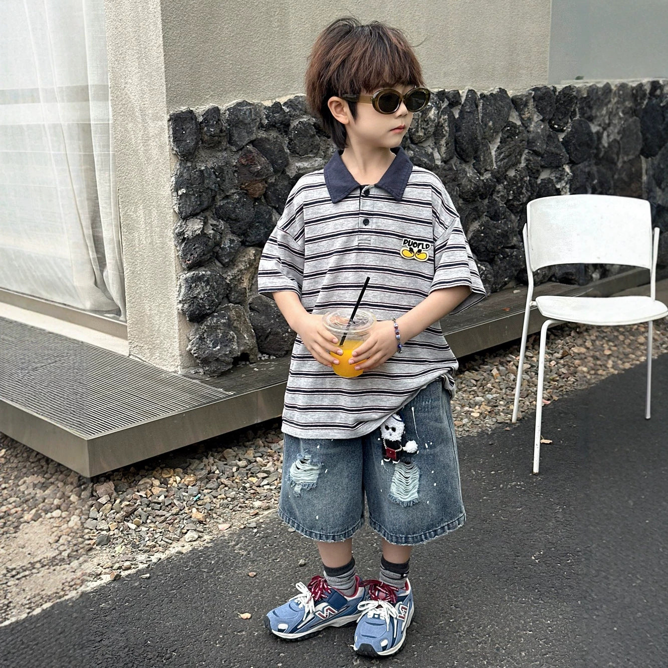 【100-160cm】條紋翻領短袖POLO衫