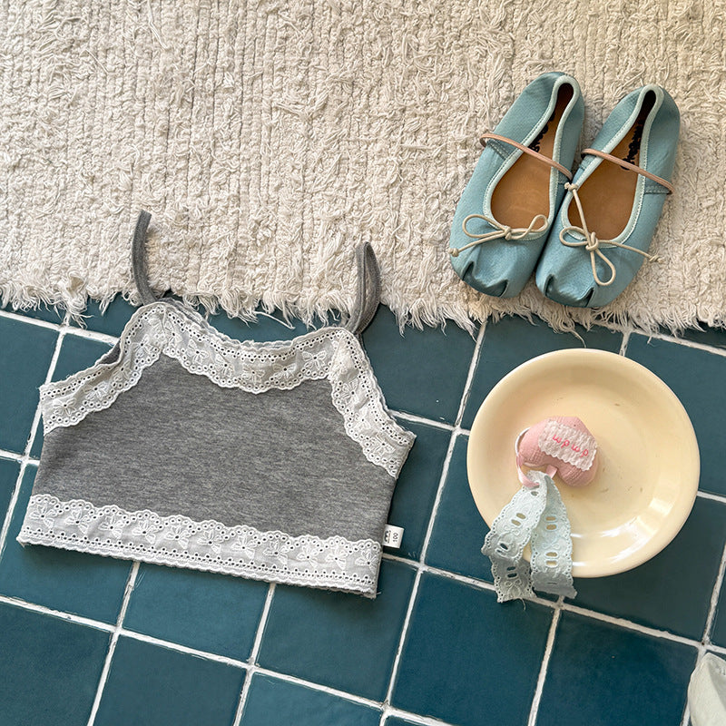 【90-140cm】小清新蕾絲花邊吊帶襯衫