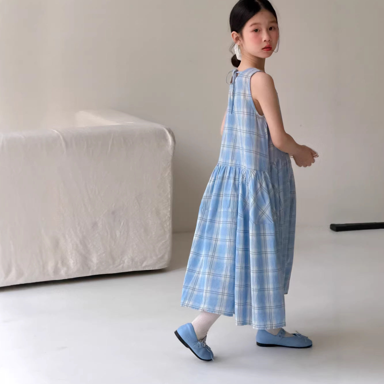 【100-160cm】韓版格子休閒寬鬆無袖連身裙