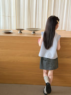 【100-170cm】條紋飛袖學院風花邊襯衫 | 短裙