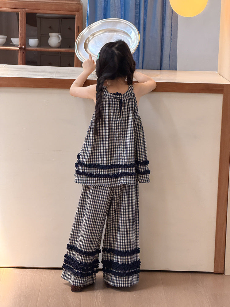 【100-170cm】格紋花邊掛脖背心闊腿褲套裝