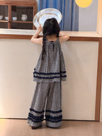 【100-170cm】格紋花邊掛脖背心闊腿褲套裝