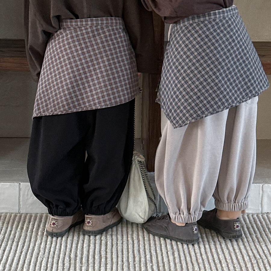 【80-140cm】純色破洞針織褲+格子屁簾