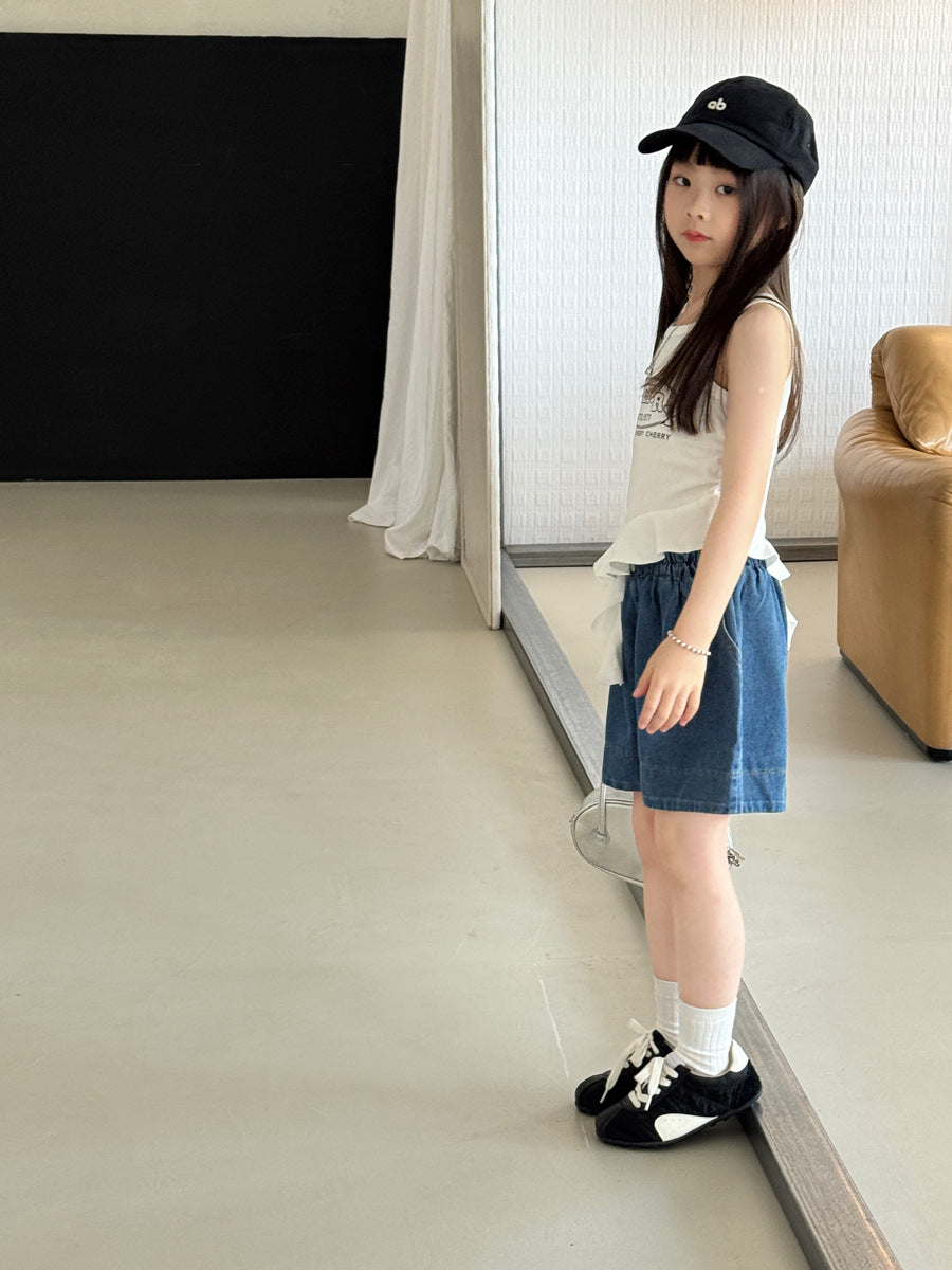 【100-150cm】韓版寬鬆牛仔五分褲