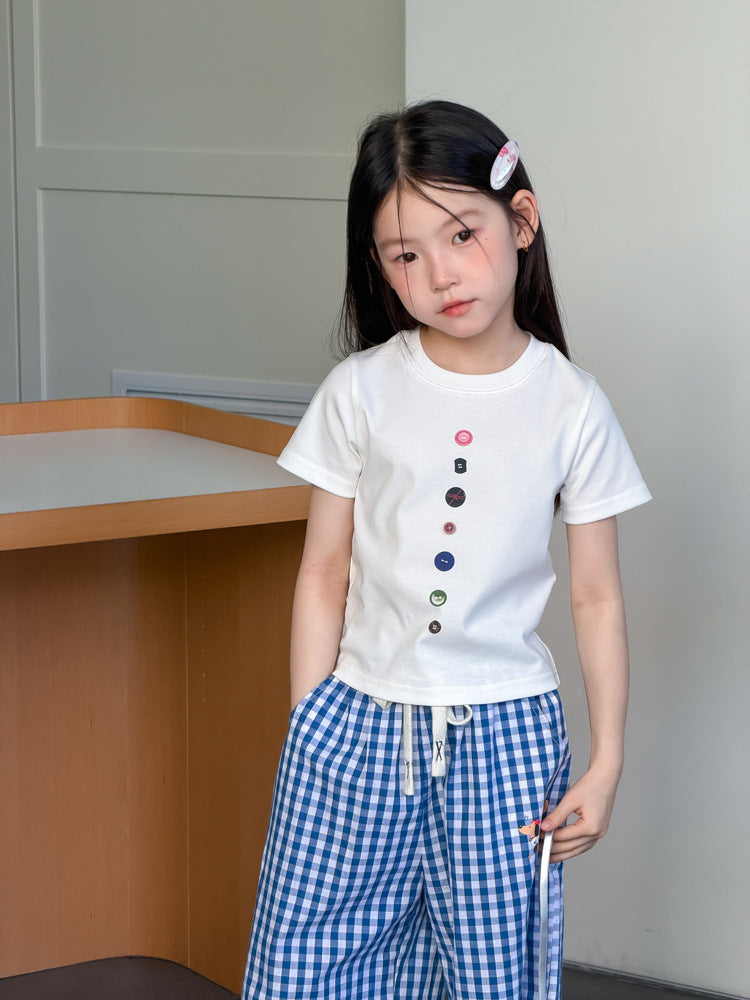 【100-170cm】韓版修身正肩彩扣T