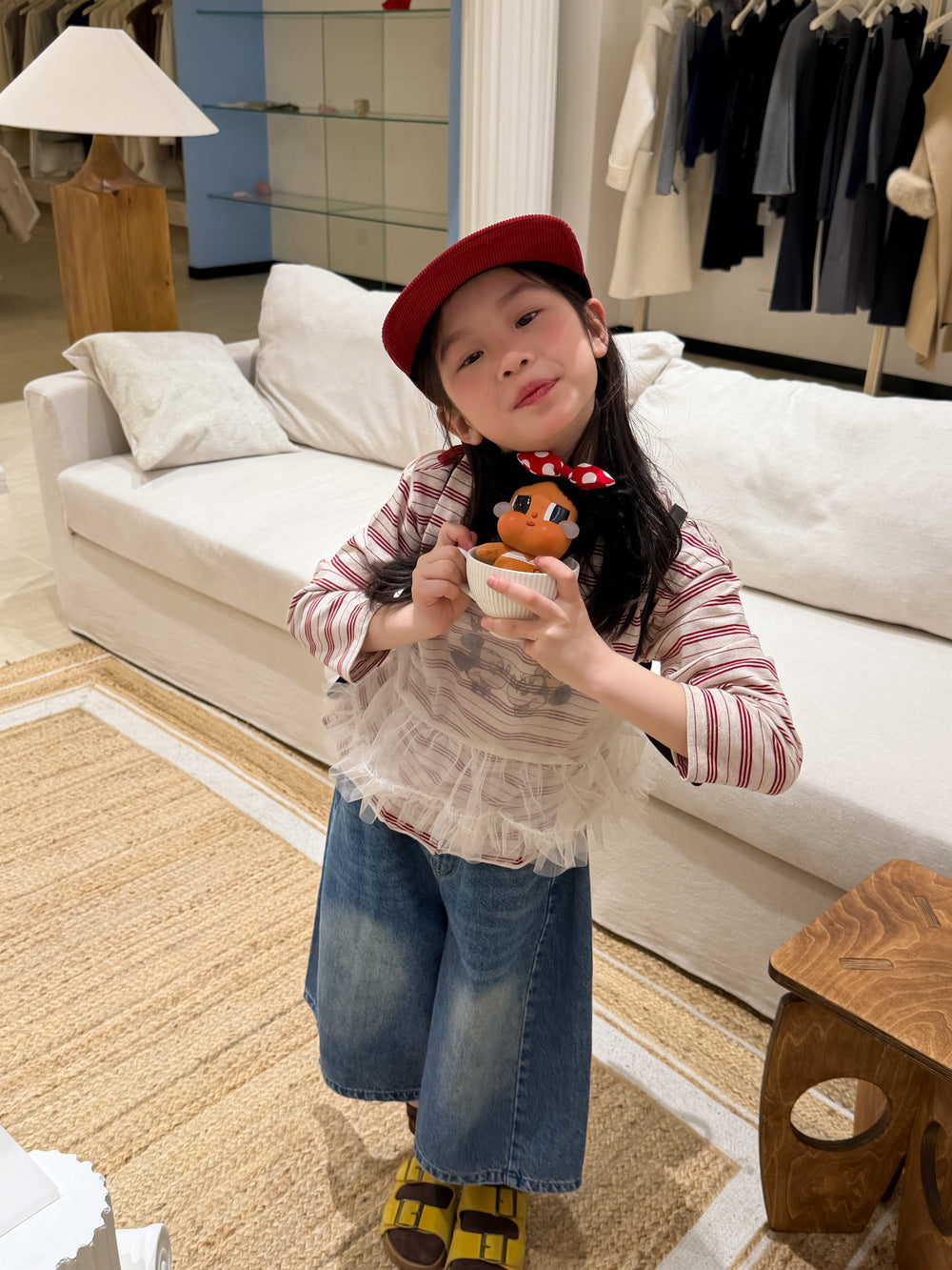 【100-160cm】百搭條紋米奇印花T+網紗兩件套