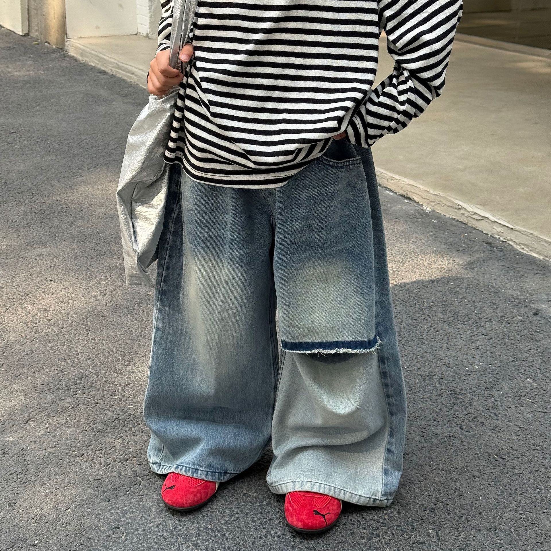 【90-160cm】破洞水洗牛仔長褲