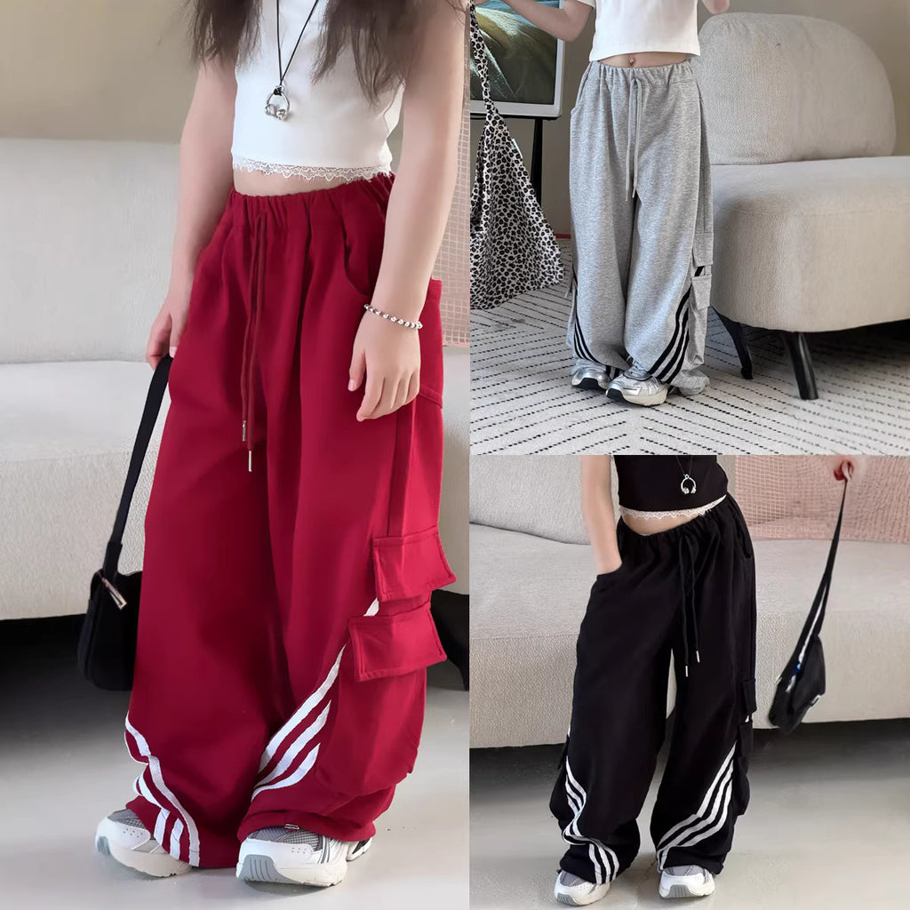 【100-150cm】美式織帶拼接設計嘻哈街舞闊腿褲
