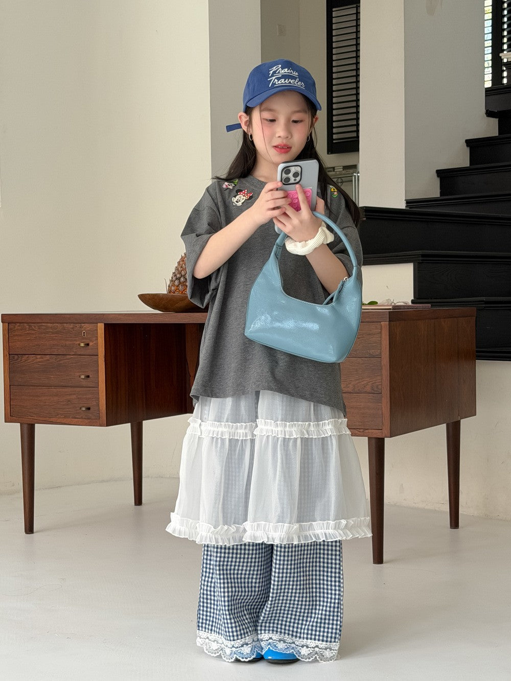 【100-160cm】韓版迪士尼印花短袖 | 花邊格子褲