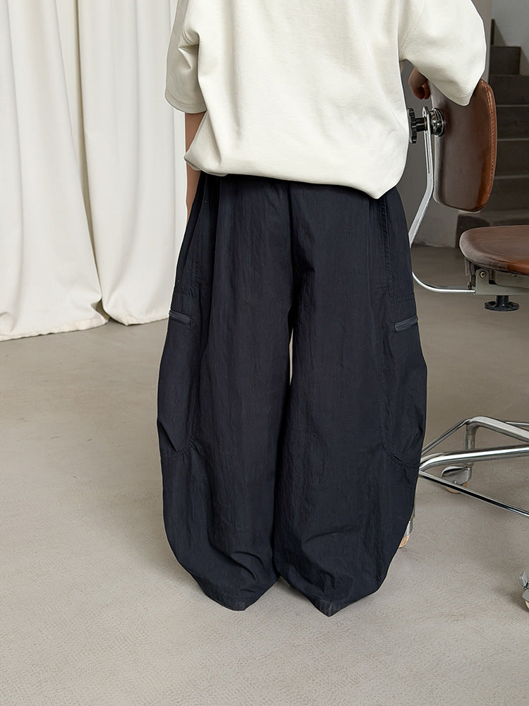 【100-170cm】(3色)山系休閒水洗棉寬鬆拼接口袋彎刀褲