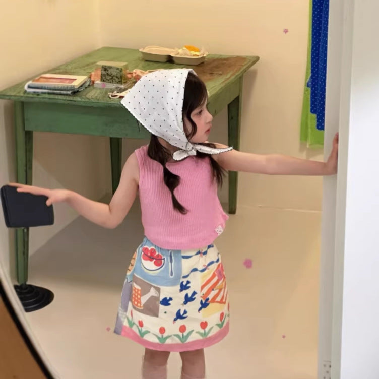 【90-140cm】坑條背心兒童彈性無袖上衣打底衫 | 印花半裙