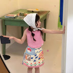 【90-140cm】坑條背心兒童彈性無袖上衣打底衫 | 印花半裙