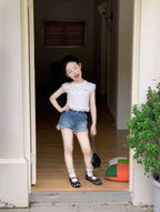 【90-150cm】辣妹字母蕾絲T | 復古牛仔短褲