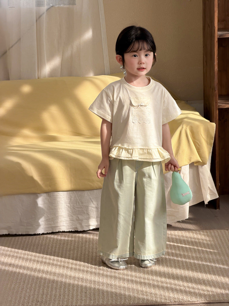 【90-140cm】荷葉邊蕾絲口袋短袖上衣