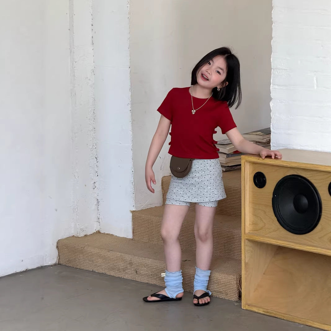 【120-160cm】韓版甜美側邊蝴蝶結短T
