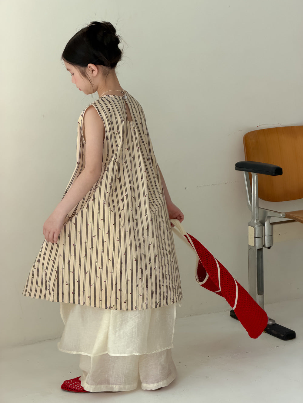 【100-160cm】韓版豎條紋小花背心裙