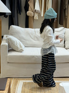 【100-160cm】輕薄寬鬆條紋闊腿褲