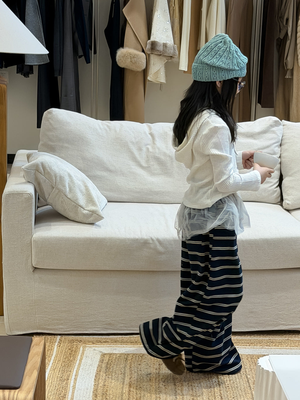 【100-160cm】輕薄寬鬆條紋闊腿褲