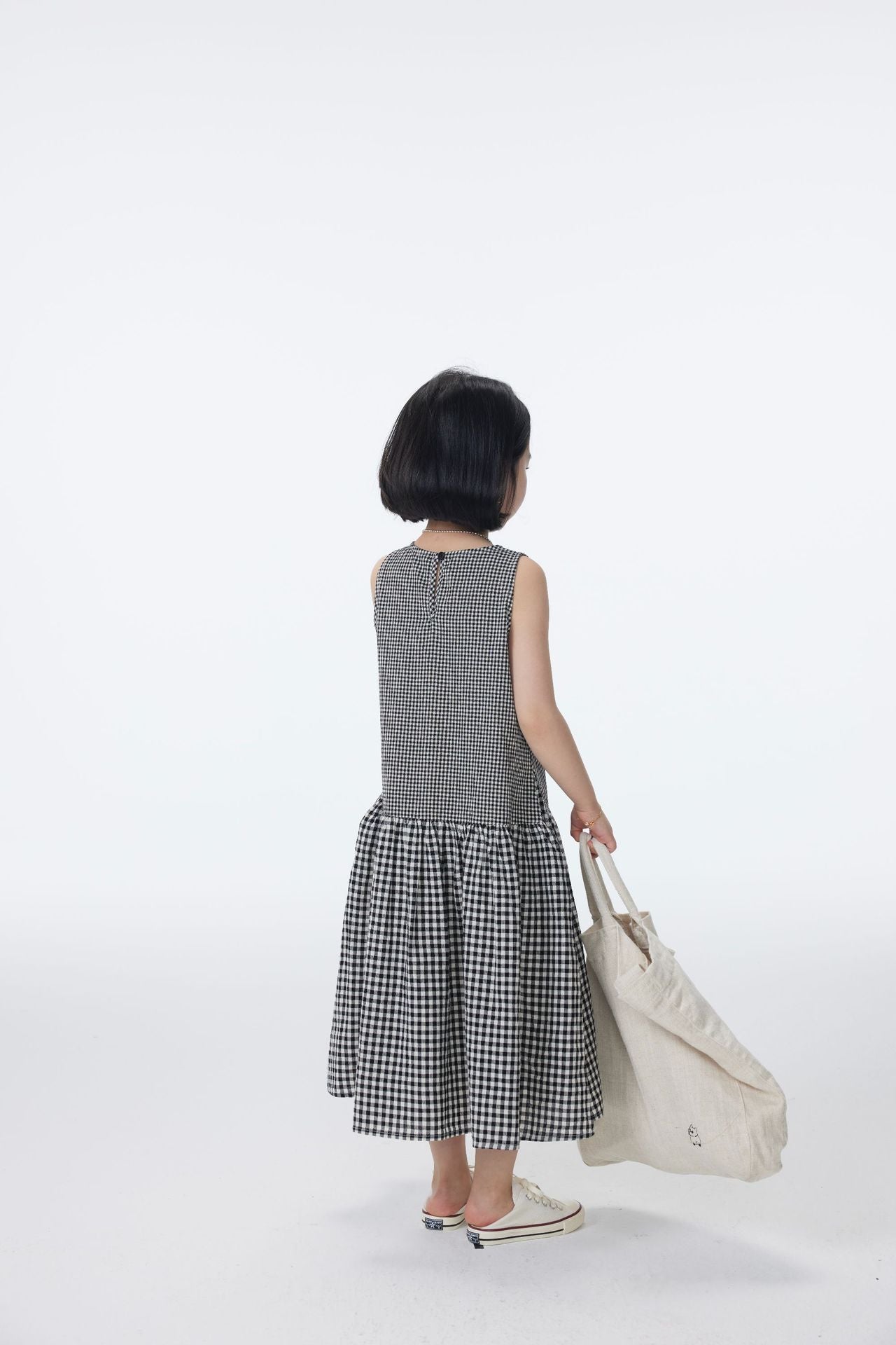 【90-150cm / M.L】【親子裝】日系大小格子拼接無袖連身裙