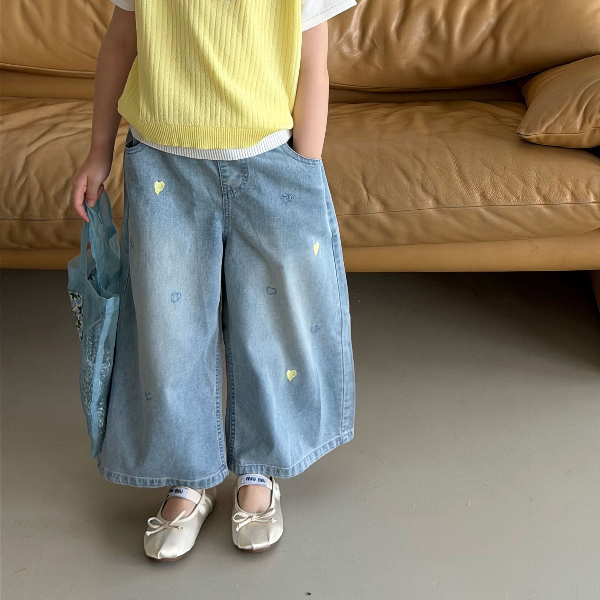【100-160cm】韓版刺繡愛心牛仔褲
