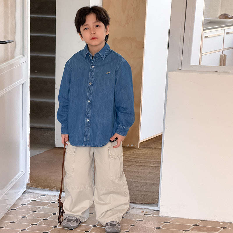 【100-170cm】復古全棉翻領刺繡軟牛仔襯衫