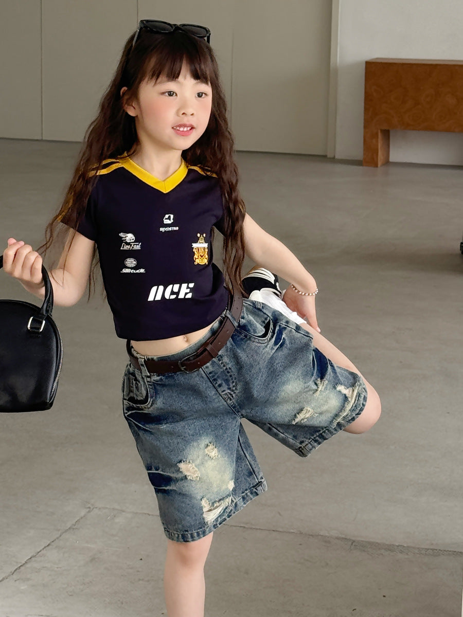 【100-150cm】美式復古做舊水洗破洞牛仔五分褲