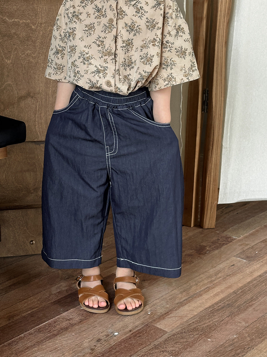 【80-140cm】天絲明線闊腿牛仔褲