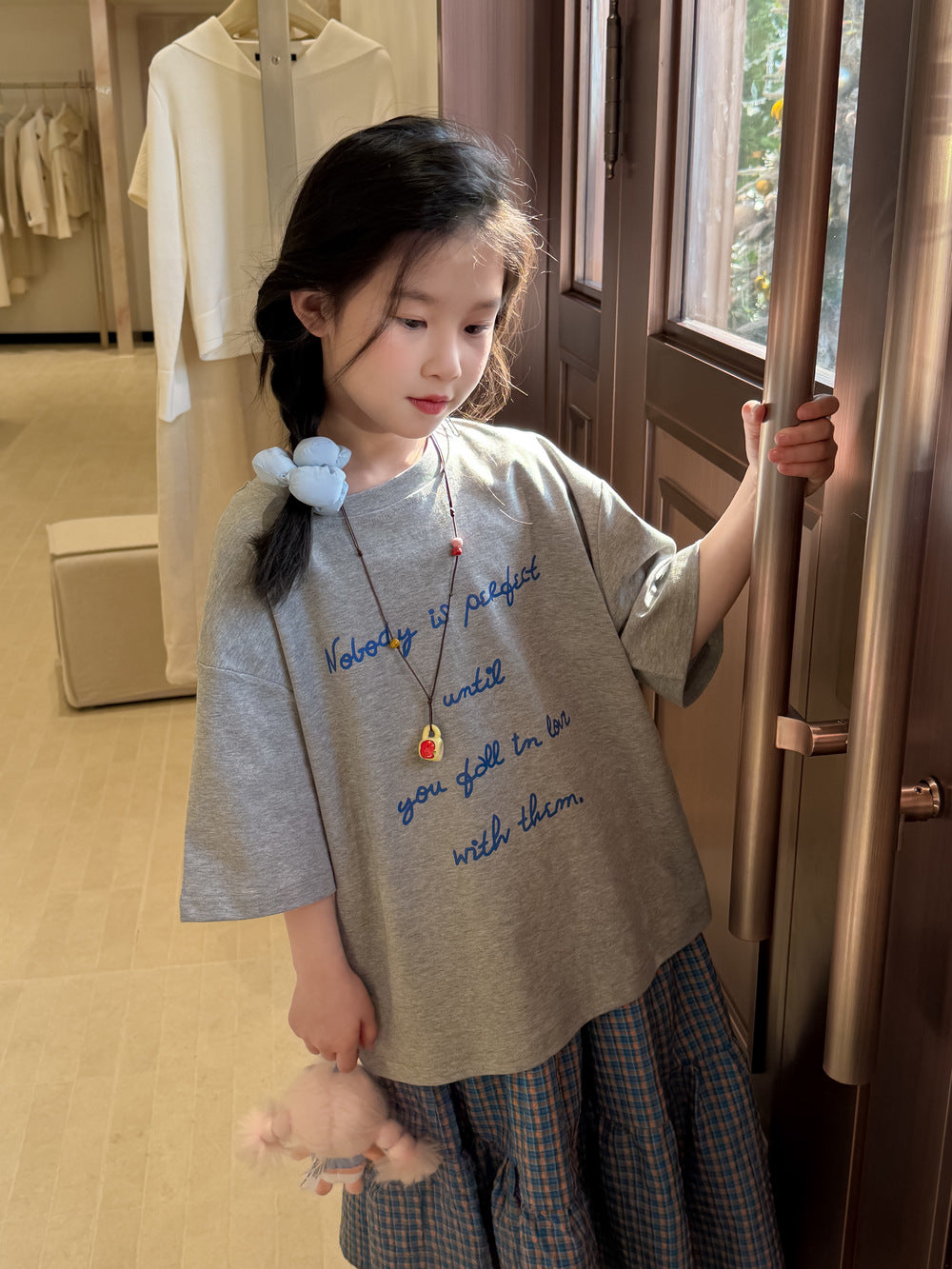 【100-160cm】休閒字母T｜格子半身裙