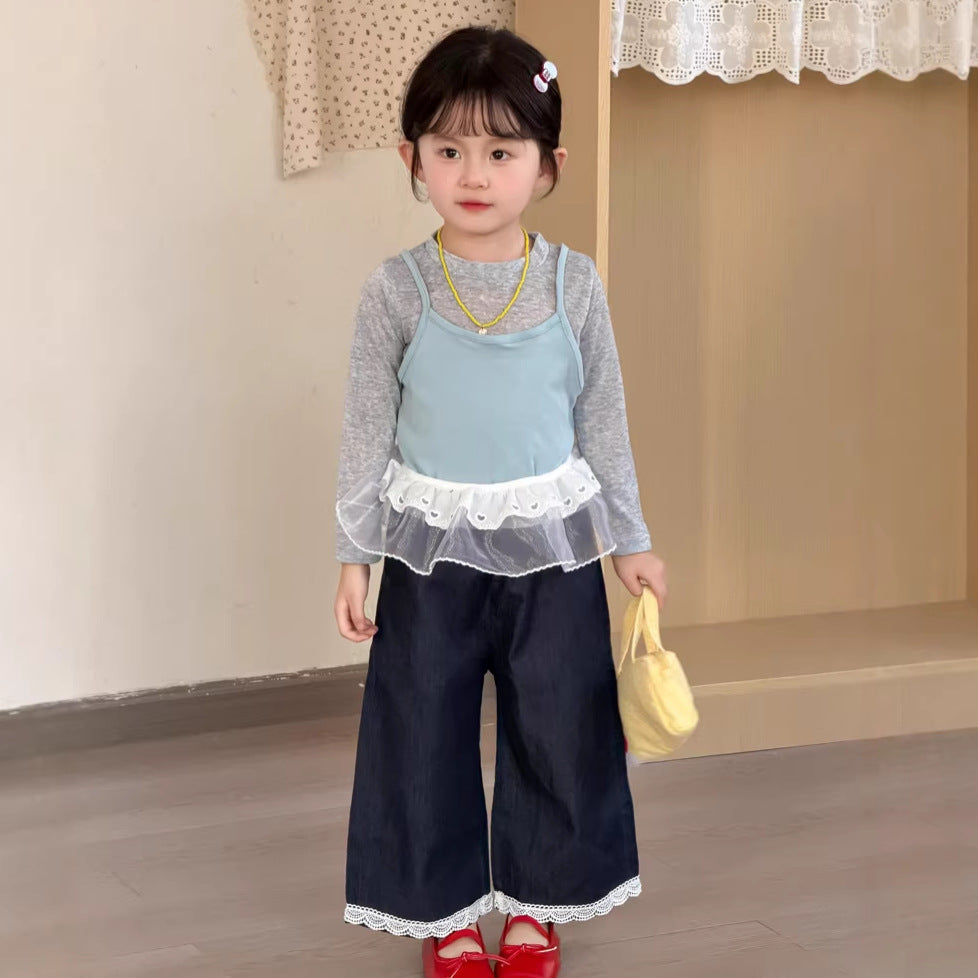 【90-140cm】韓版打底衫吊帶套裝