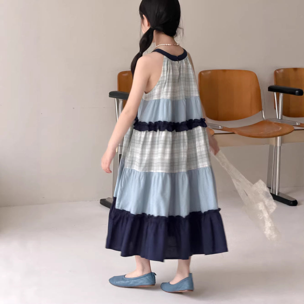 【100-160cm】韓版藍拼色掛脖連身裙