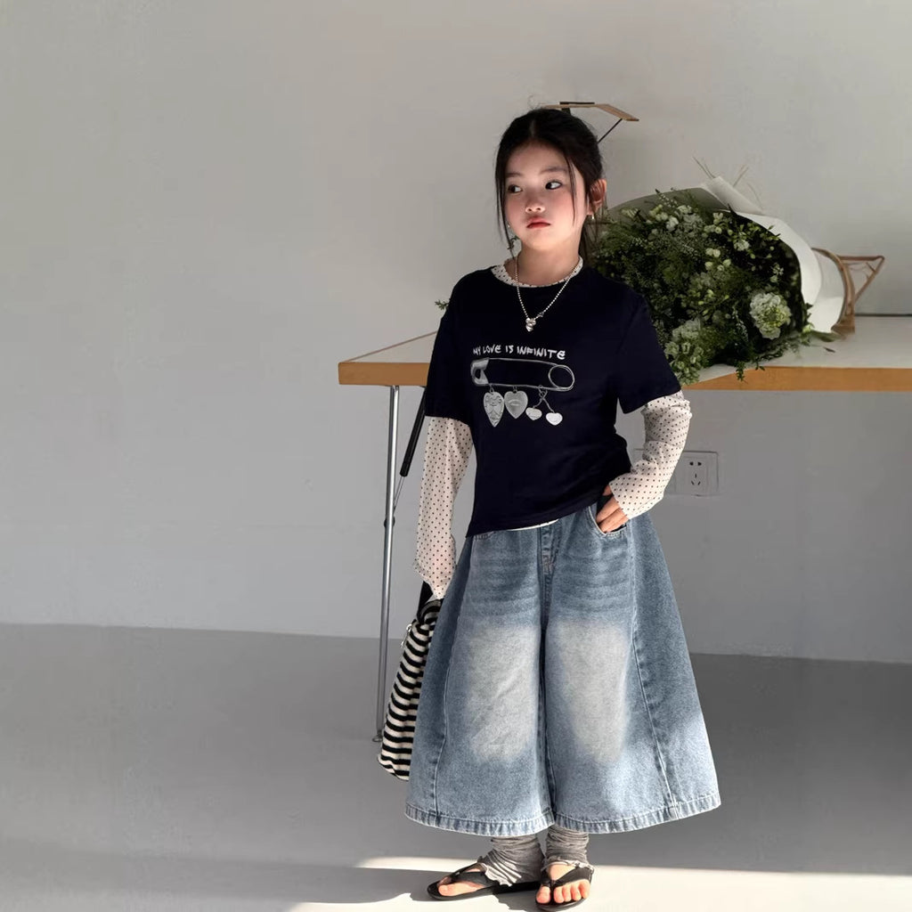 【120-160cm】過膝七分牛仔褲