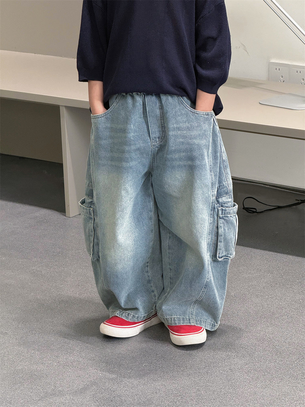【100-160cm】韓系休閒彎刀牛仔褲