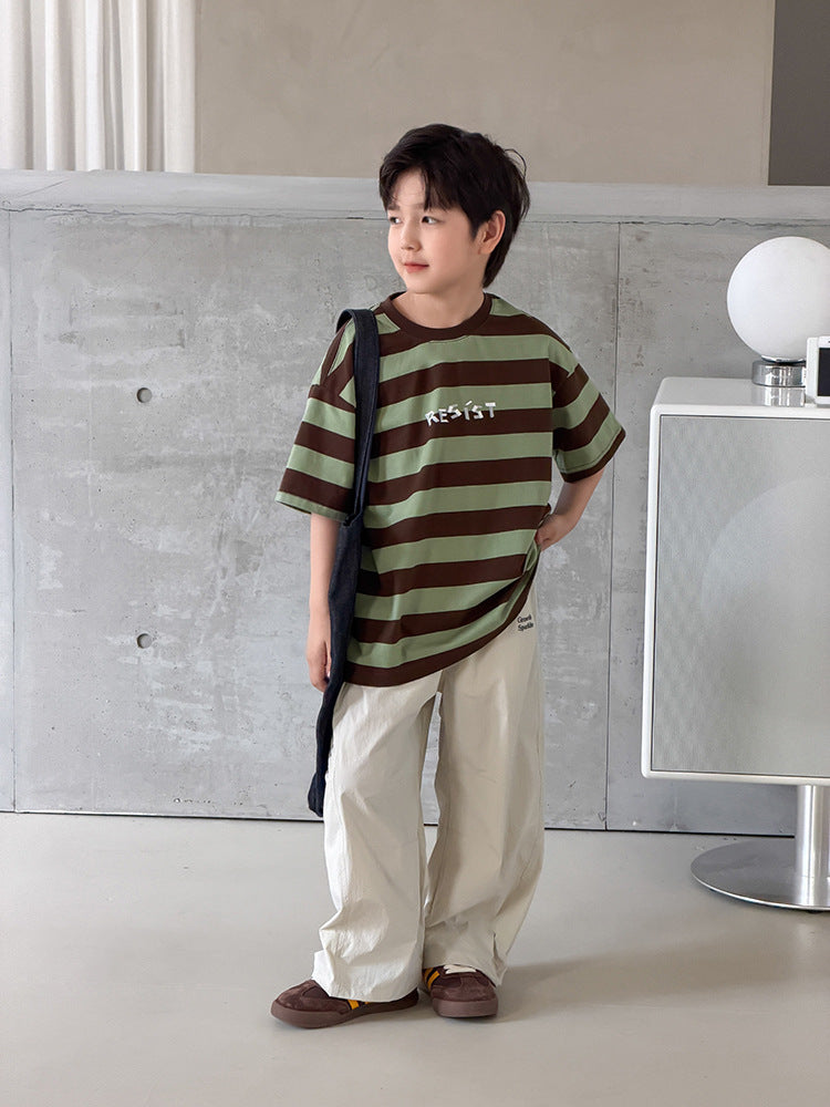 【100-170cm】2色-字母撞色全棉條紋T