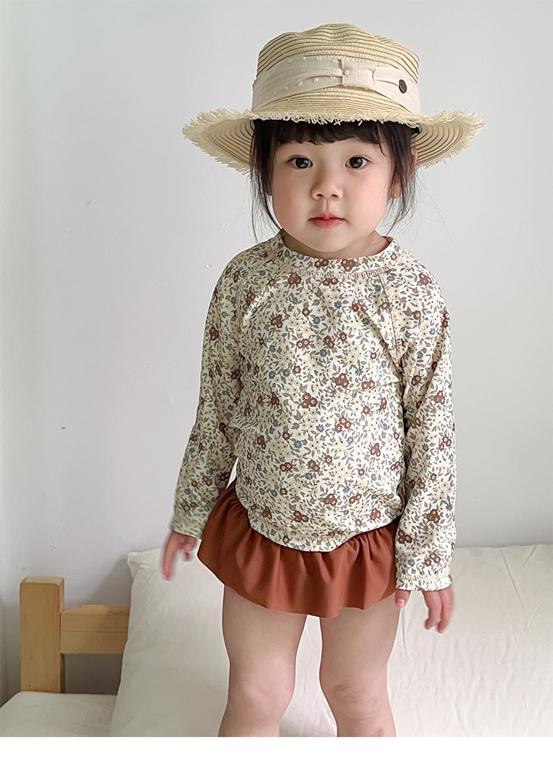 【80-130cm】UPF50+碎花長袖防曬泳衣套裝(贈泳帽)