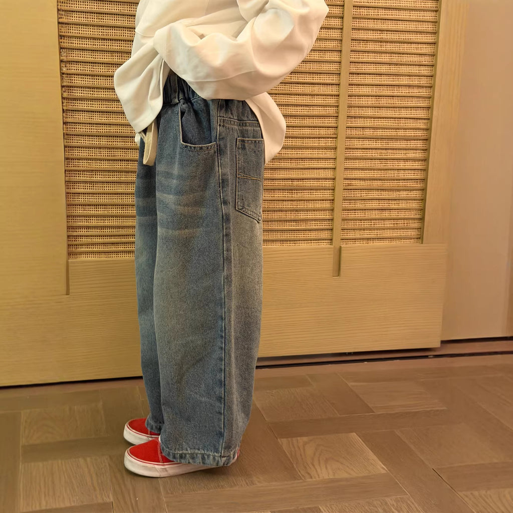 【90-150cm】韓版砂洗休閒牛仔褲