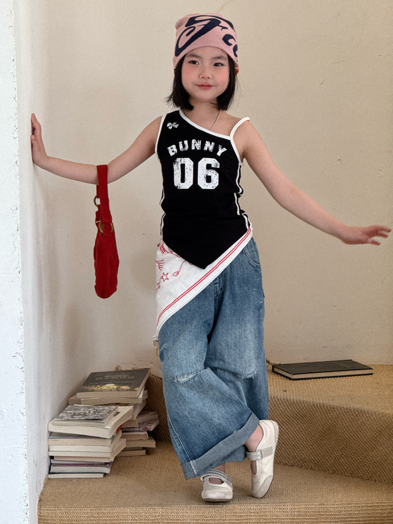 【120-160cm】韓版寬鬆直筒牛仔褲