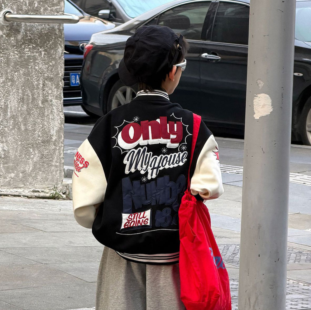 【90-160cm】美式個性寬鬆撞色棒球外套