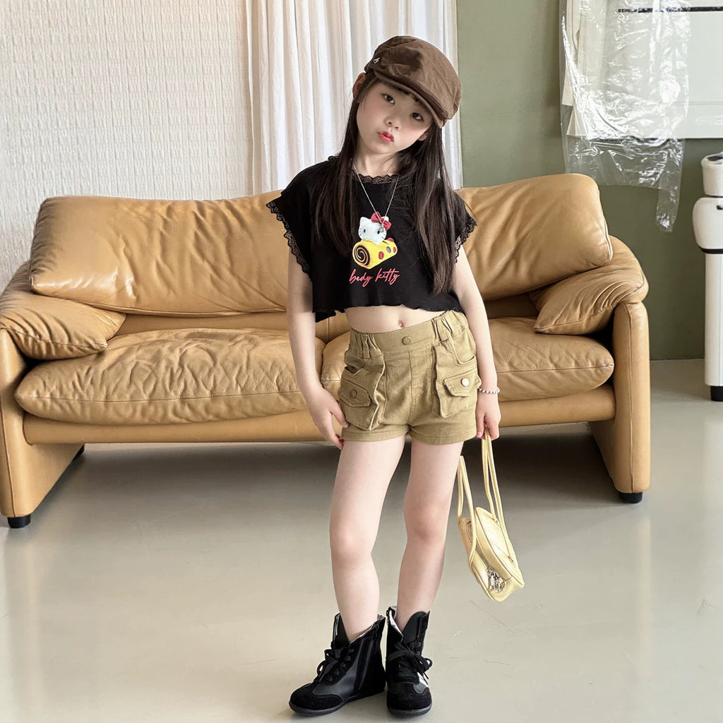 【100-150cm】KT蕾絲拼接短版T